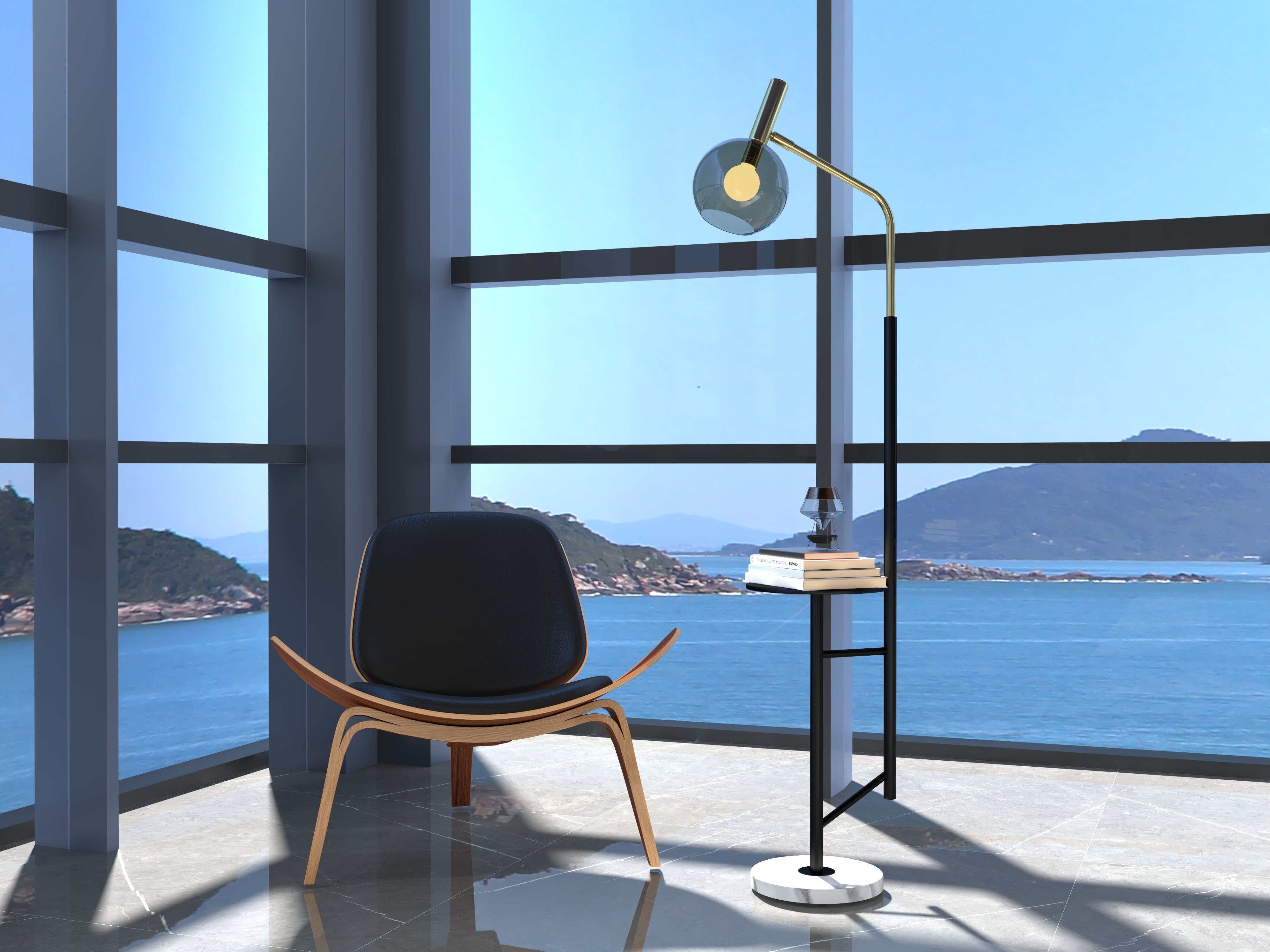 HMR - 67" Modern Tray Table Floor Lamp 1-Light Cognac Dome Glass Shade
