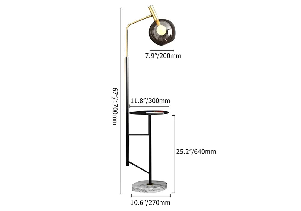 HMR - 67" Modern Tray Table Floor Lamp 1-Light Cognac Dome Glass Shade
