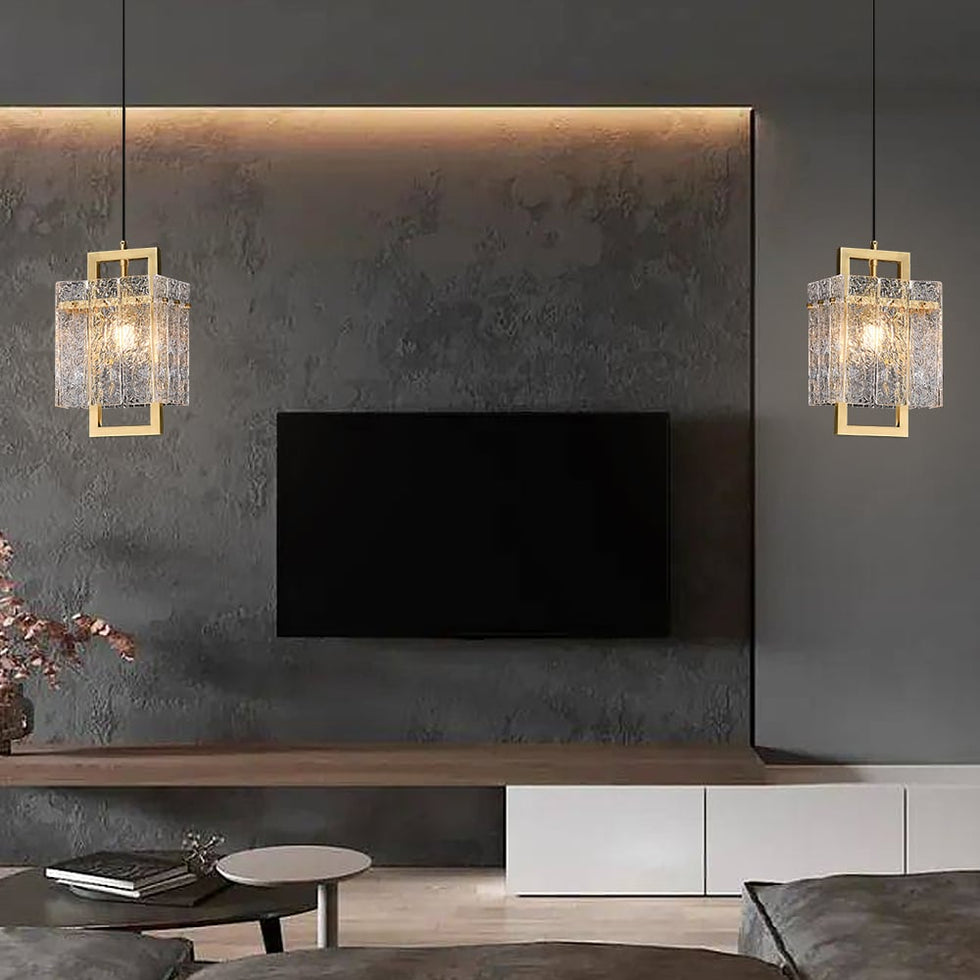HMR - Jewell 1-Light Brass Geometric Pendant Light with Water-ripple Glass Shade