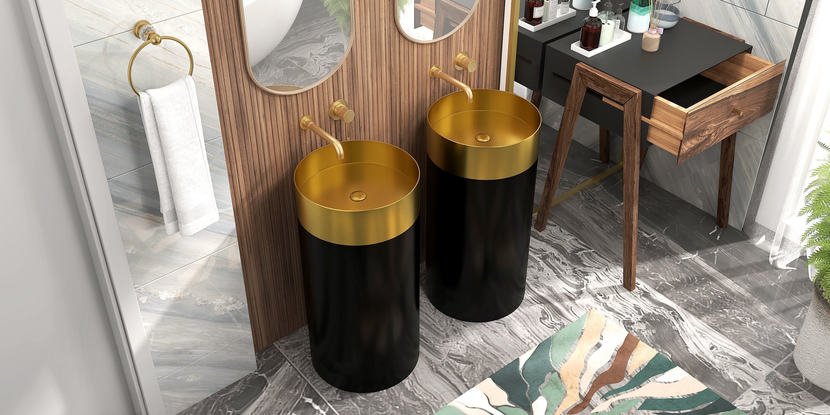 HMR - Modern Luxury Round Stainless Steel Sink Pedestal Sink Freestanding