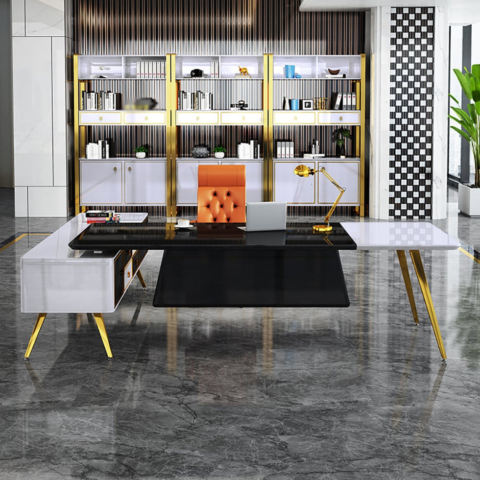 HMR - L-Shaped Modern Corner Executive Desk with Storage in White & Gold & Black