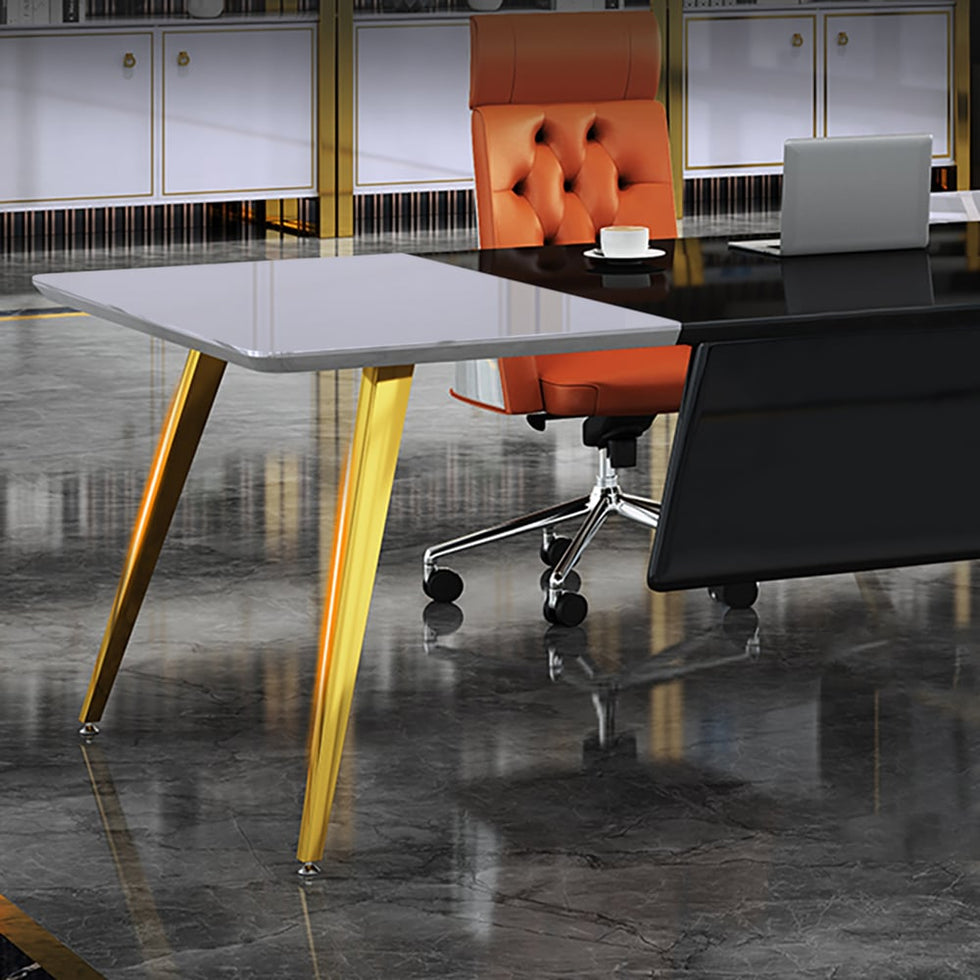 HMR - L-Shaped Modern Corner Executive Desk with Storage in White & Gold & Black