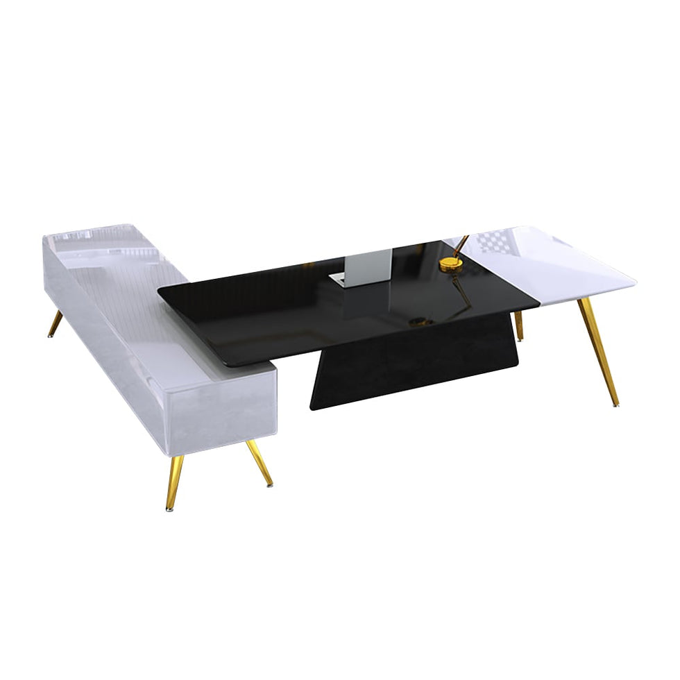 HMR - L-Shaped Modern Corner Executive Desk with Storage in White & Gold & Black