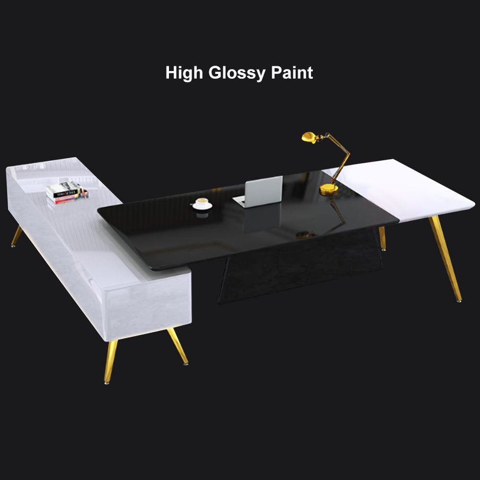 HMR - L-Shaped Modern Corner Executive Desk with Storage in White & Gold & Black