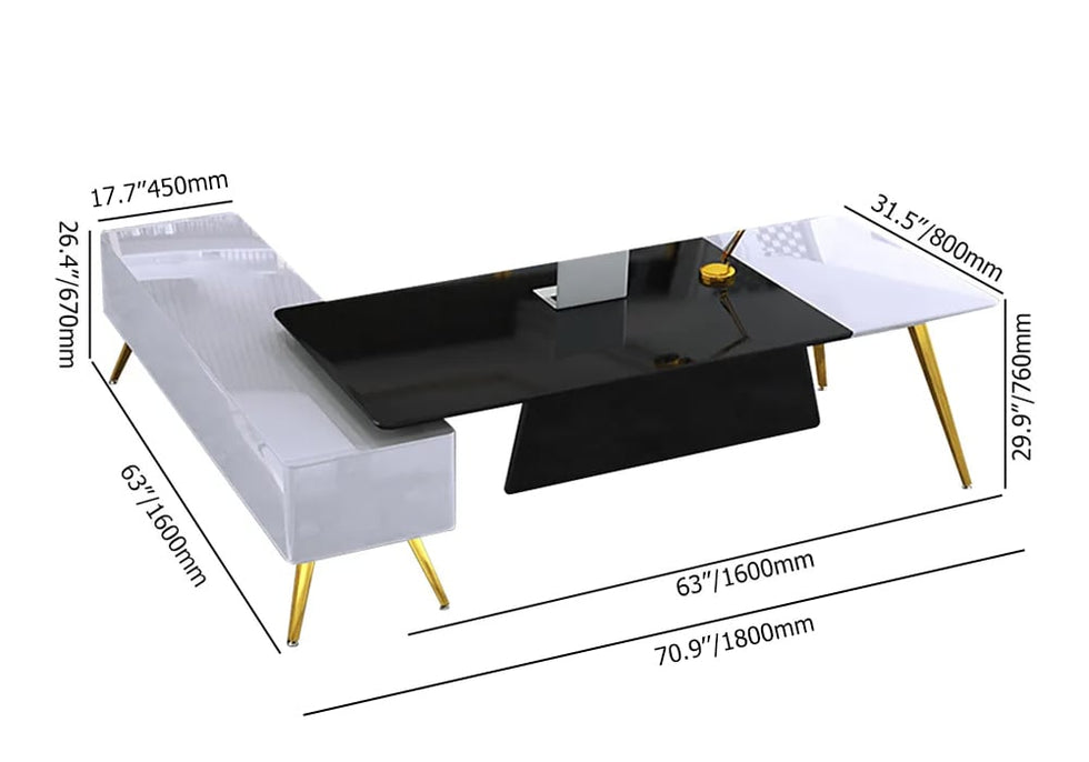 HMR - L-Shaped Modern Corner Executive Desk with Storage in White & Gold & Black
