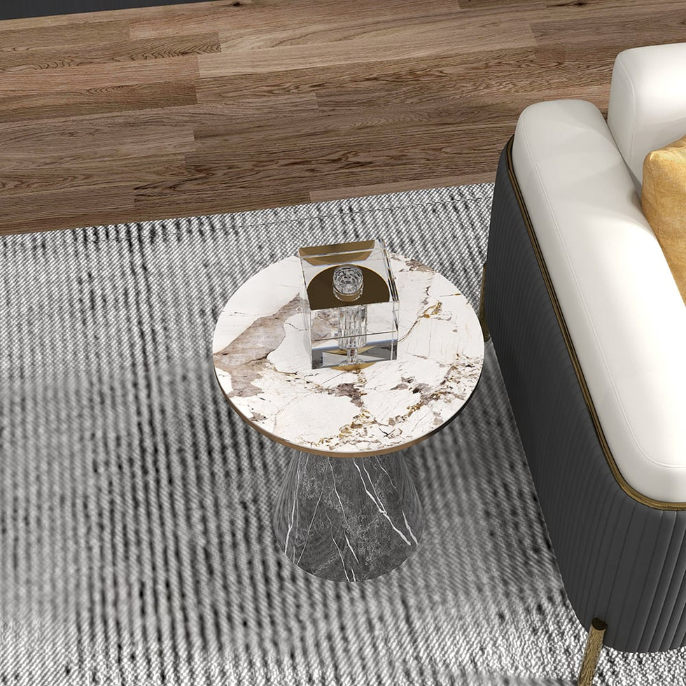 HMR - Gray & Gold Hourglass-Shape End Table with Sintered Stone Top & Stainless Steel Base