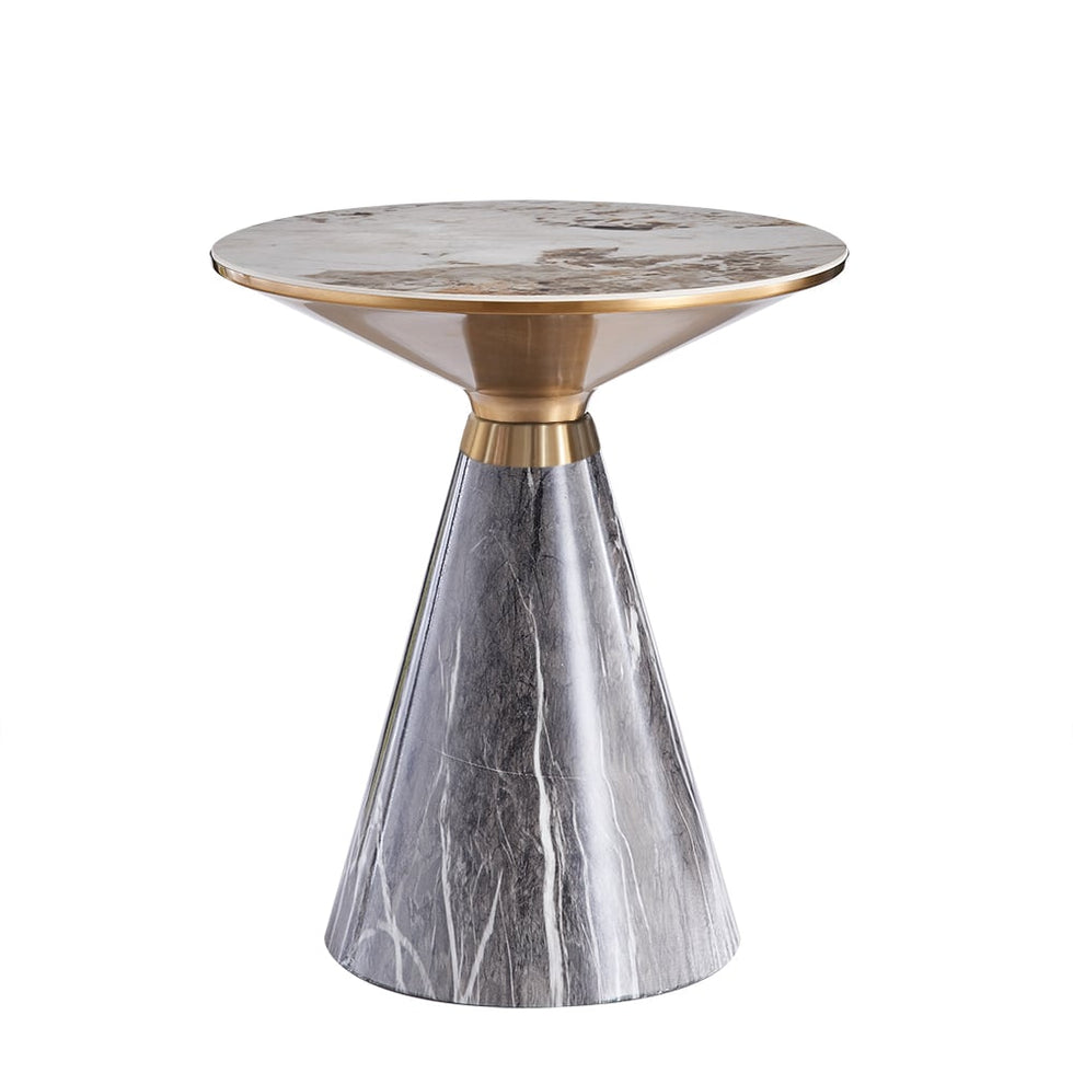 HMR - Gray & Gold Hourglass-Shape End Table with Sintered Stone Top & Stainless Steel Base