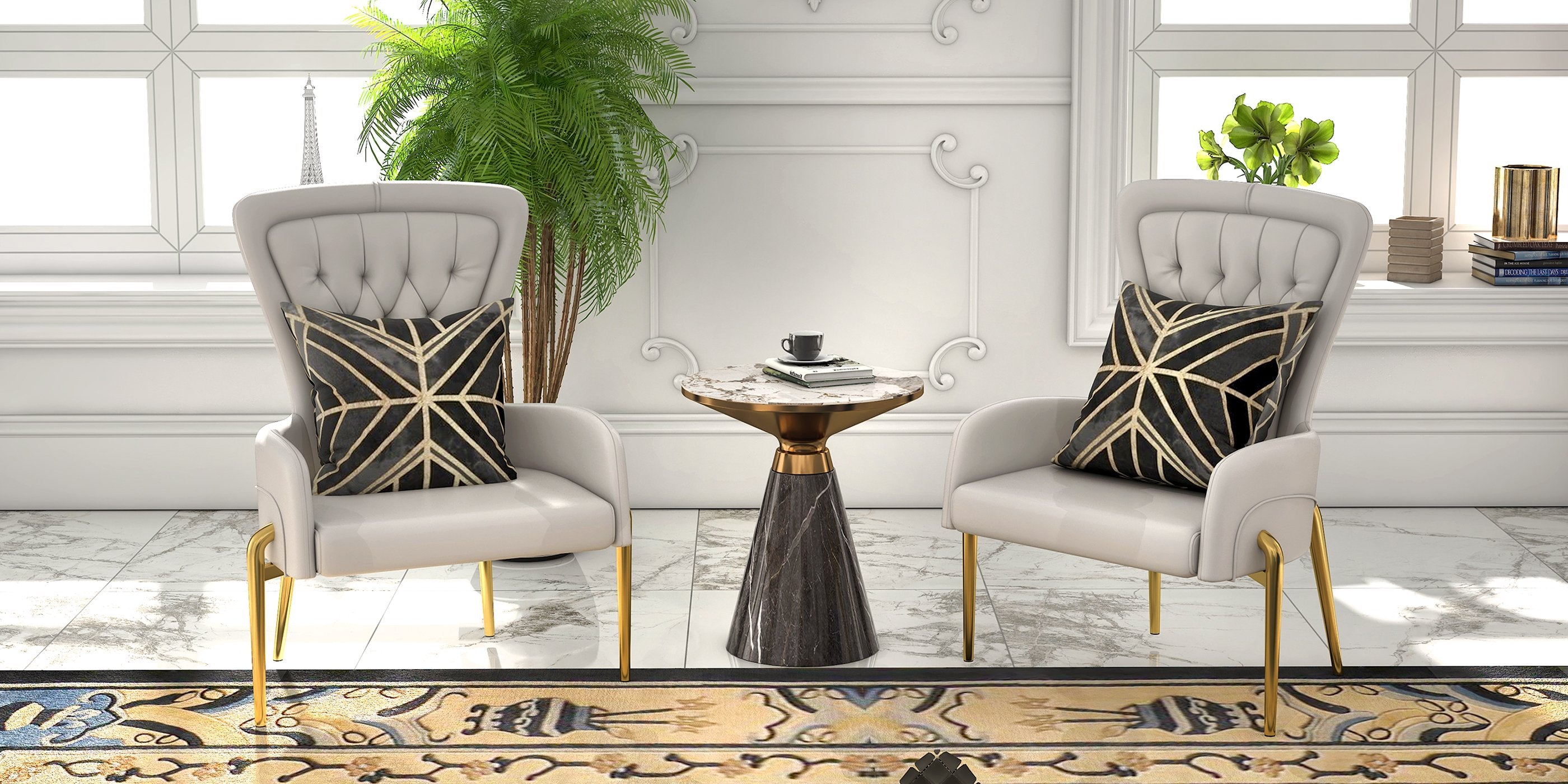 HMR - Gray & Gold Hourglass-Shape End Table with Sintered Stone Top & Stainless Steel Base