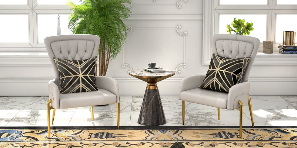 HMR - Gray & Gold Hourglass-Shape End Table with Sintered Stone Top & Stainless Steel Base