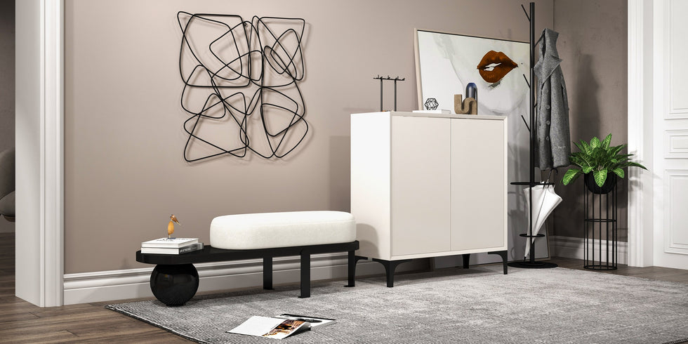 HMR - Nordic Minimalist Off White Wooden Shoe Cabinet with 2-Door 10-Shelf