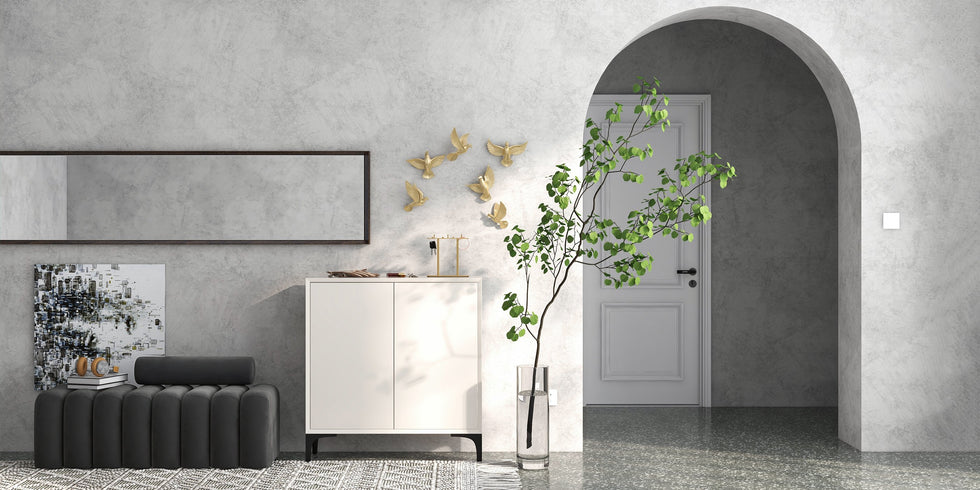 HMR - Nordic Minimalist Off White Wooden Shoe Cabinet with 2-Door 10-Shelf