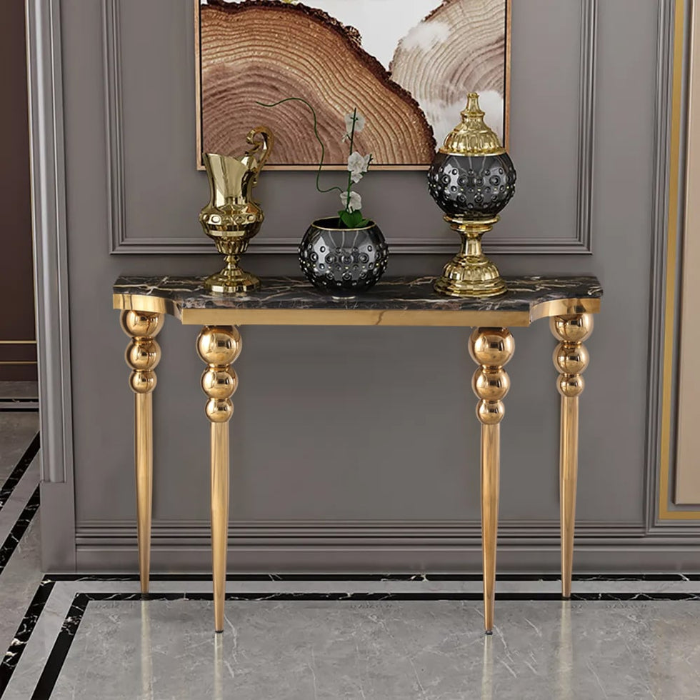 HMR - 47.2" Black Narrow Console Table Faux Marble Entryway Table Stainless Steel Legs