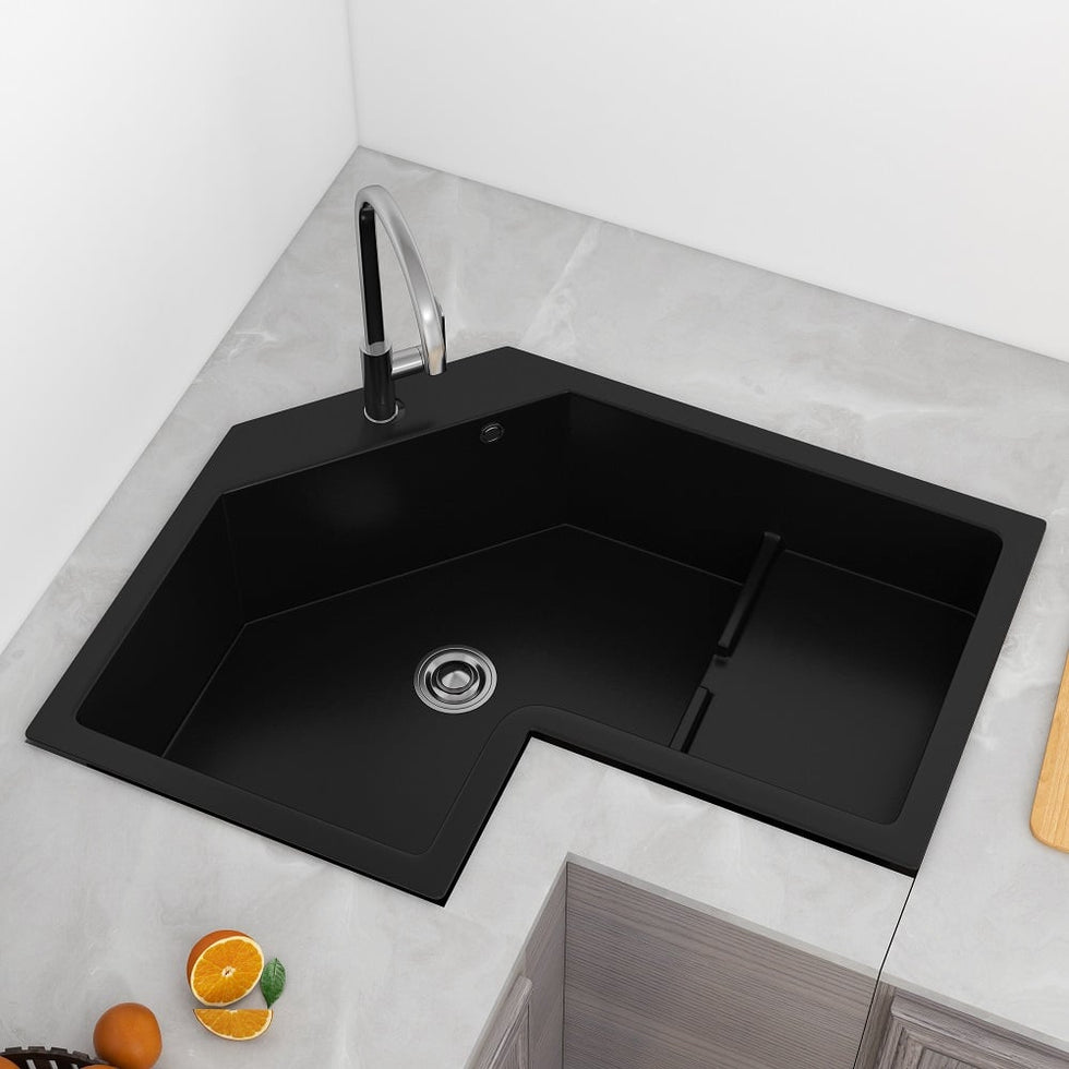 HMR - 32" Modern Drop In Corner Kitchen Sink Single Bowl Quartz Irregular