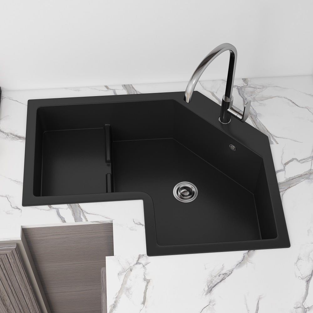 HMR - 32" Modern Drop In Corner Kitchen Sink Single Bowl Quartz Irregular