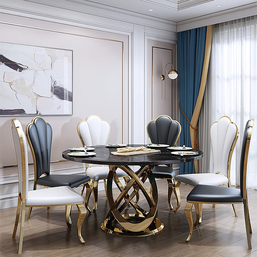 HMR - Modern Style Round Faux Marble Dining Table Seats 4-6 People
