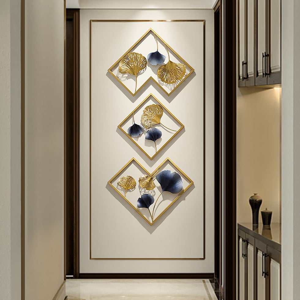 HMR - 3 Pieces Ginkgo Leaves Wall Decor with Geometric Frame in Blue and Gold, Metal
