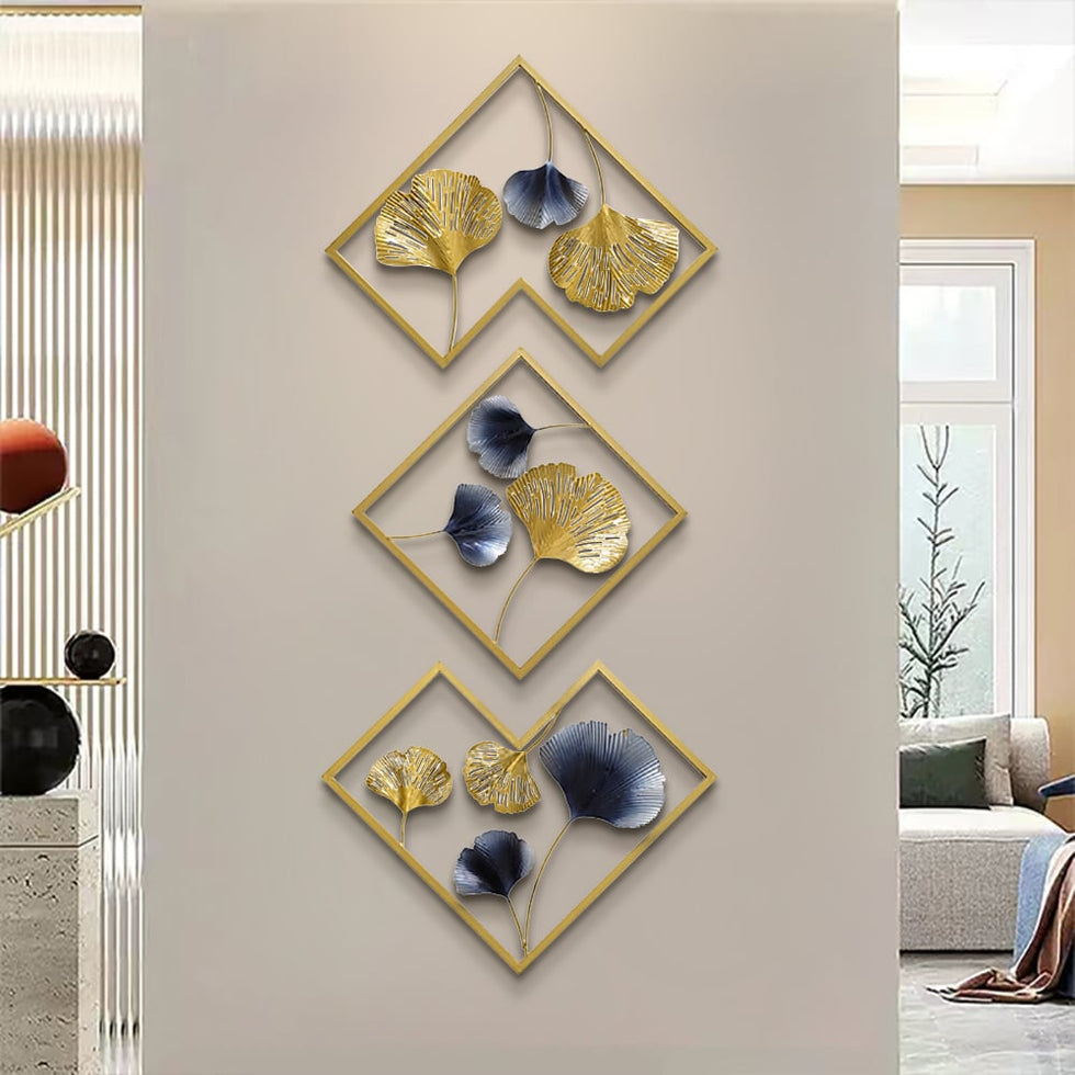 HMR - 3 Pieces Ginkgo Leaves Wall Decor with Geometric Frame in Blue and Gold, Metal
