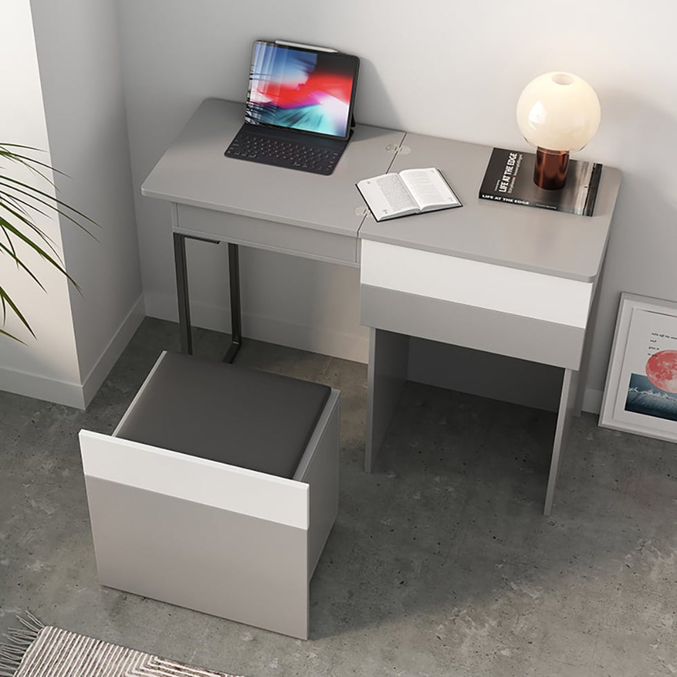 HMR - Gray Makeup Vanity with Mirror Foldable Dressing Table with Stool & Hidden Drawer
