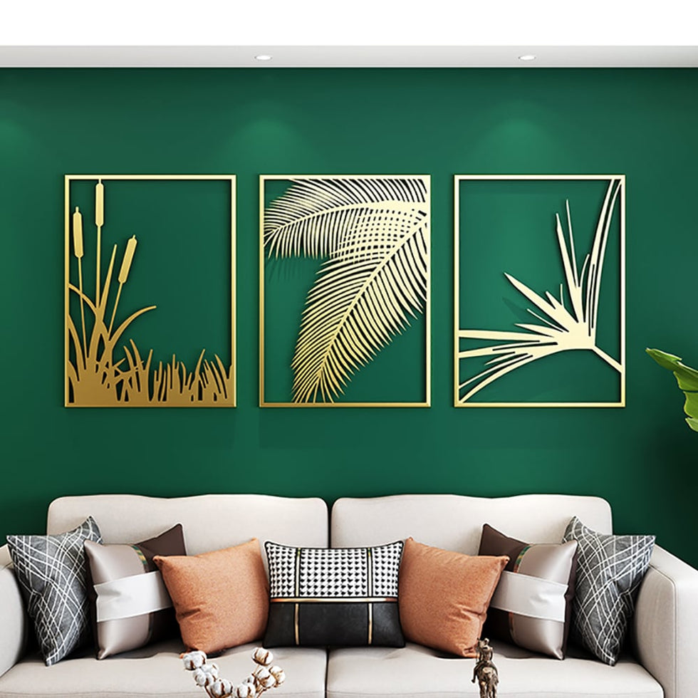 HMR - 3-Pieces Modern Gold Metal Wall Decor Plant Art with Rectangle Frame