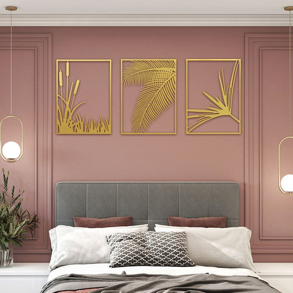 HMR - 3-Pieces Modern Gold Metal Wall Decor Plant Art with Rectangle Frame
