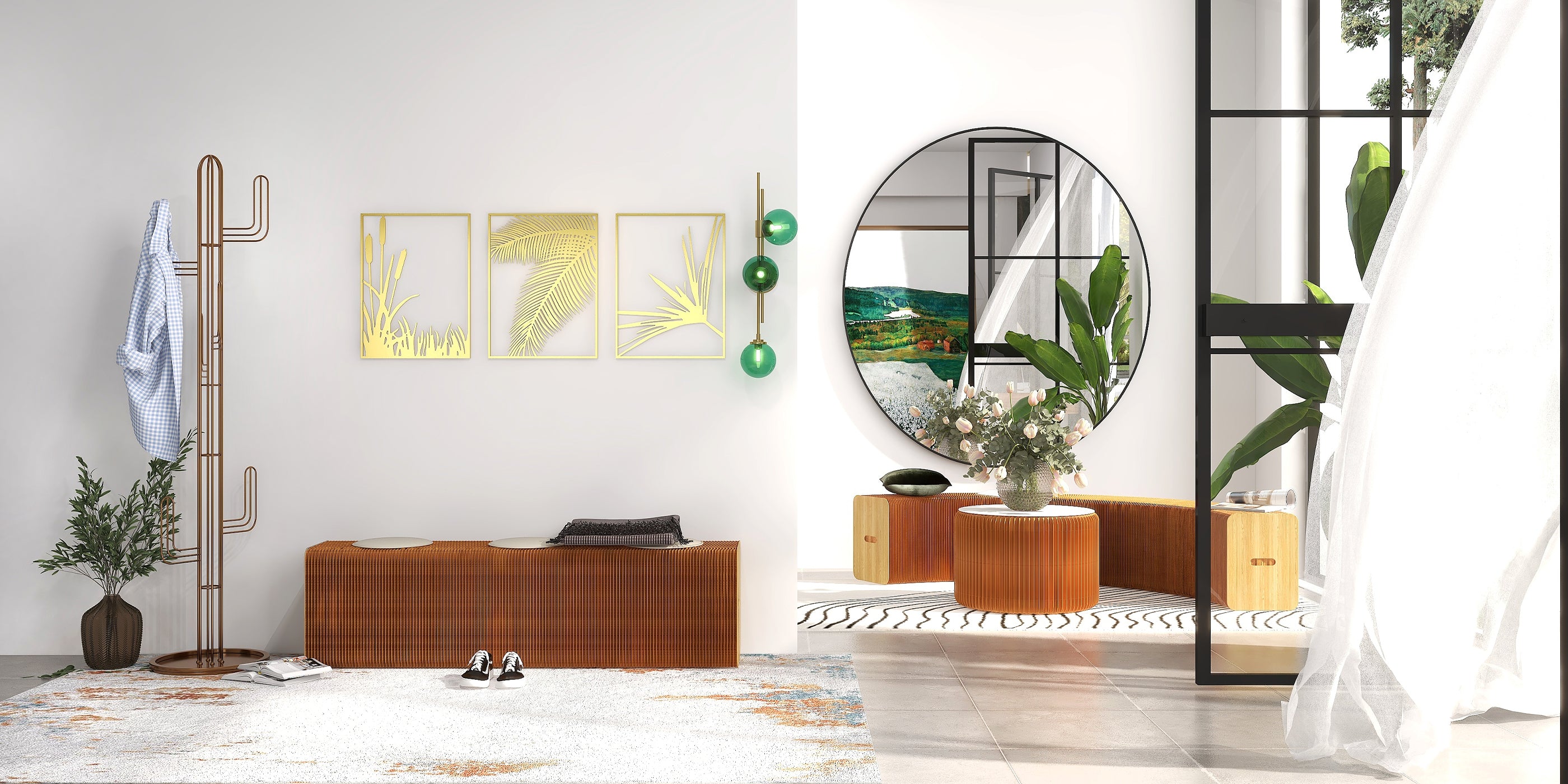 HMR - 3-Pieces Modern Gold Metal Wall Decor Plant Art with Rectangle Frame