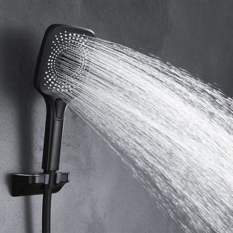 HMR - Black Exposed Rainfall Shower System with Handshower & Stone Rack Solid Brass