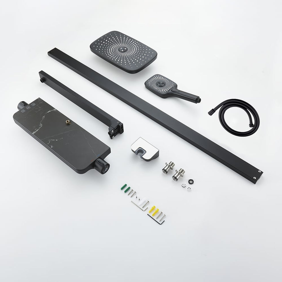 HMR - Black Exposed Rainfall Shower System with Handshower & Stone Rack Solid Brass