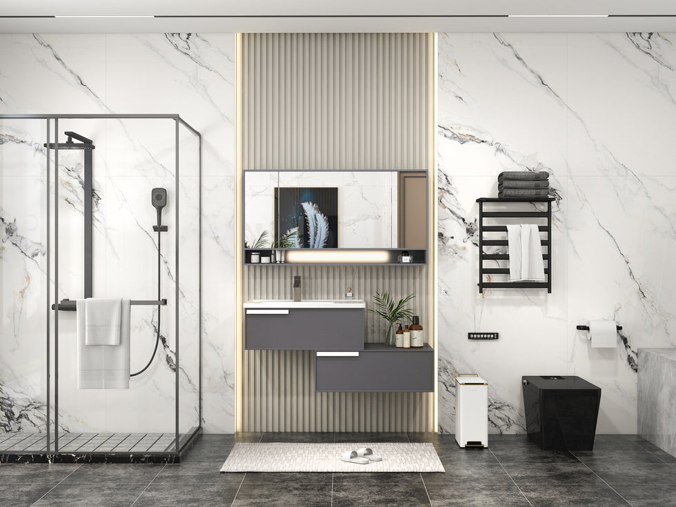 HMR - Black Exposed Rainfall Shower System with Handshower & Stone Rack Solid Brass