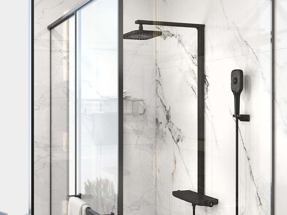 HMR - Black Exposed Rainfall Shower System with Handshower & Stone Rack Solid Brass