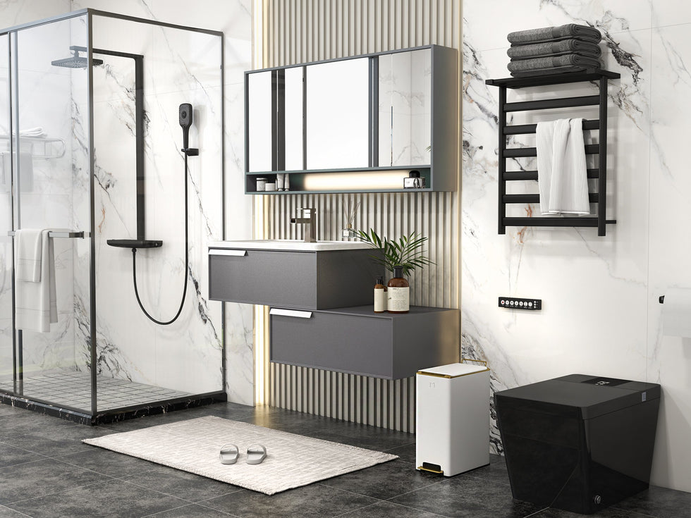HMR - Black Exposed Rainfall Shower System with Handshower & Stone Rack Solid Brass