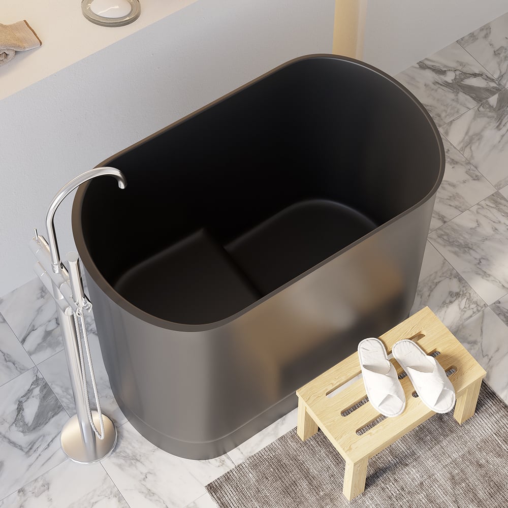 HMR - 40" Japanese Modern Deep Oval Freestanding Stone Resin Soaking Bathtub