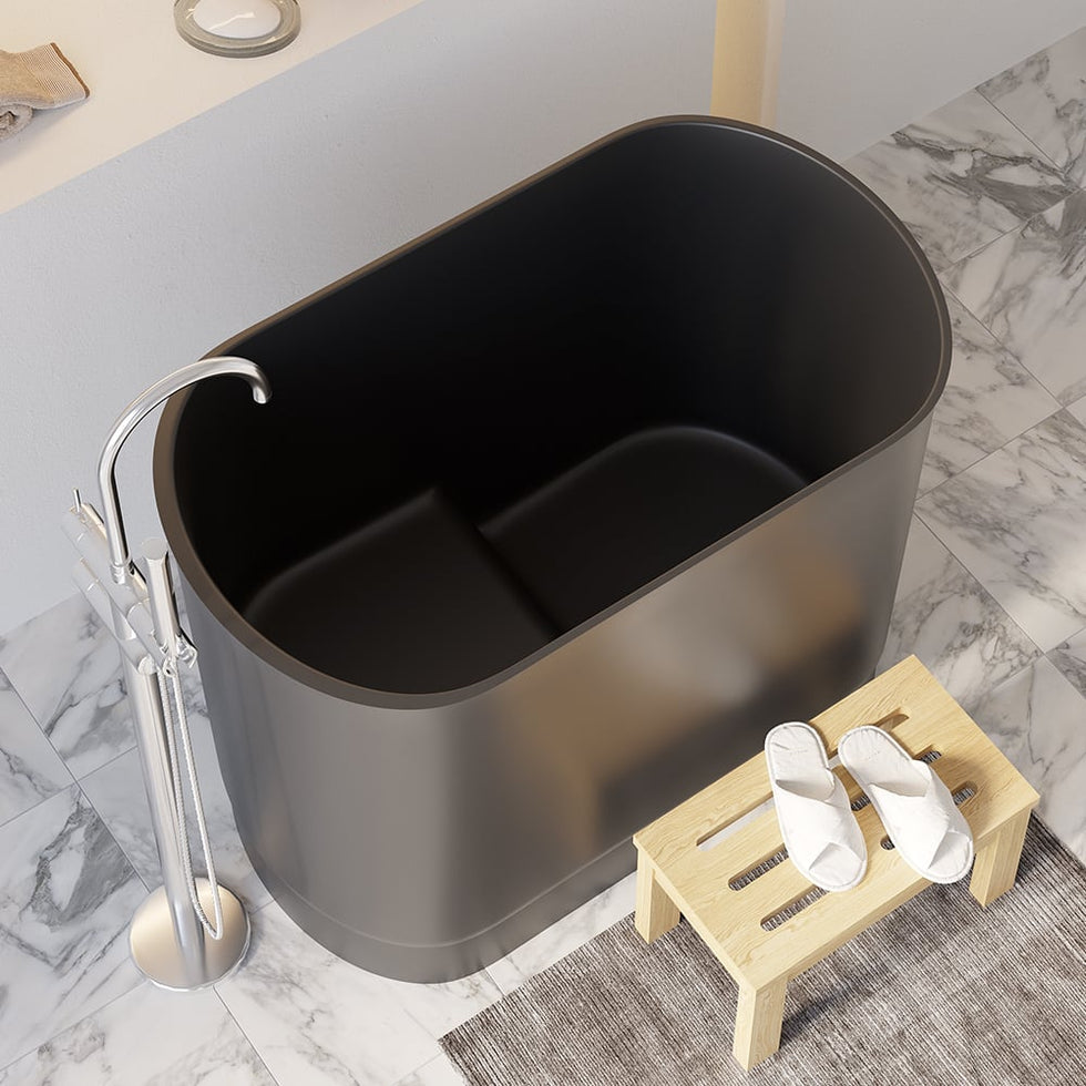 HMR - 40" Japanese Modern Deep Oval Freestanding Stone Resin Soaking Bathtub