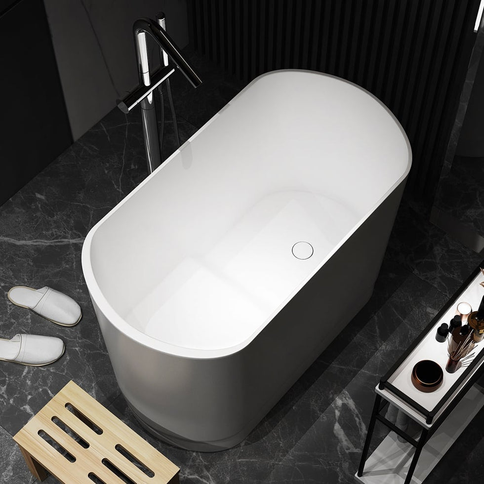 HMR - 40" Japanese Modern Deep Oval Freestanding Stone Resin Soaking Bathtub