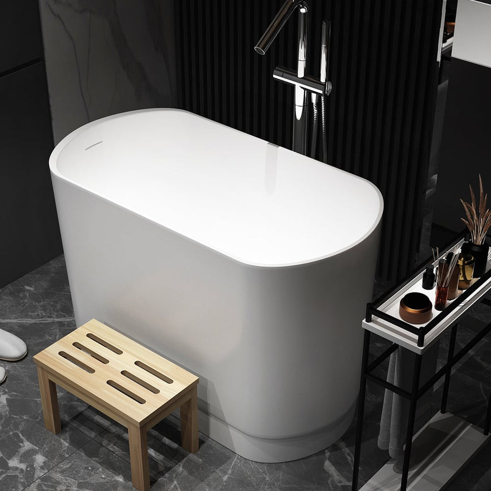 HMR - 40" Japanese Modern Deep Oval Freestanding Stone Resin Soaking Bathtub