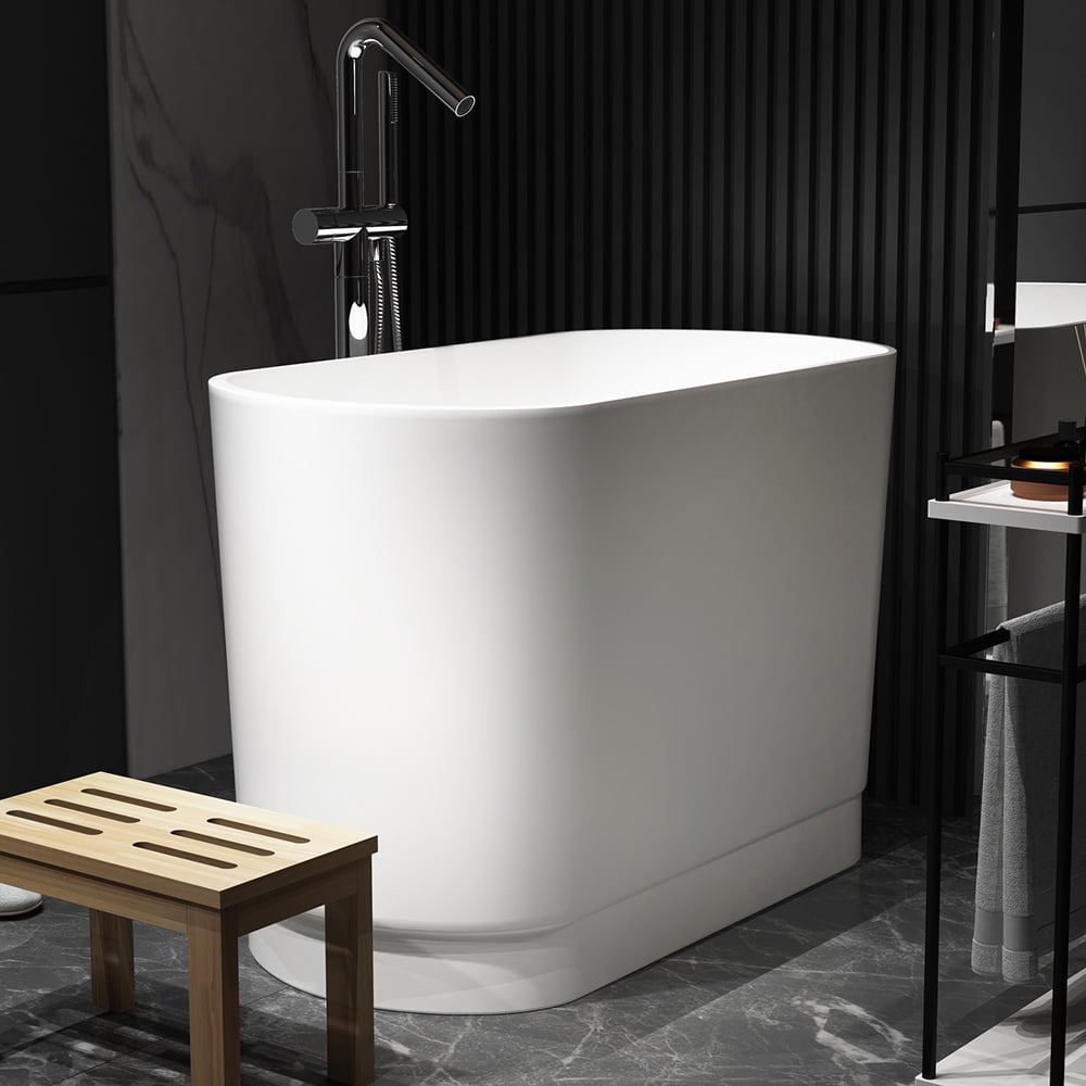 HMR - 40" Japanese Modern Deep Oval Freestanding Stone Resin Soaking Bathtub