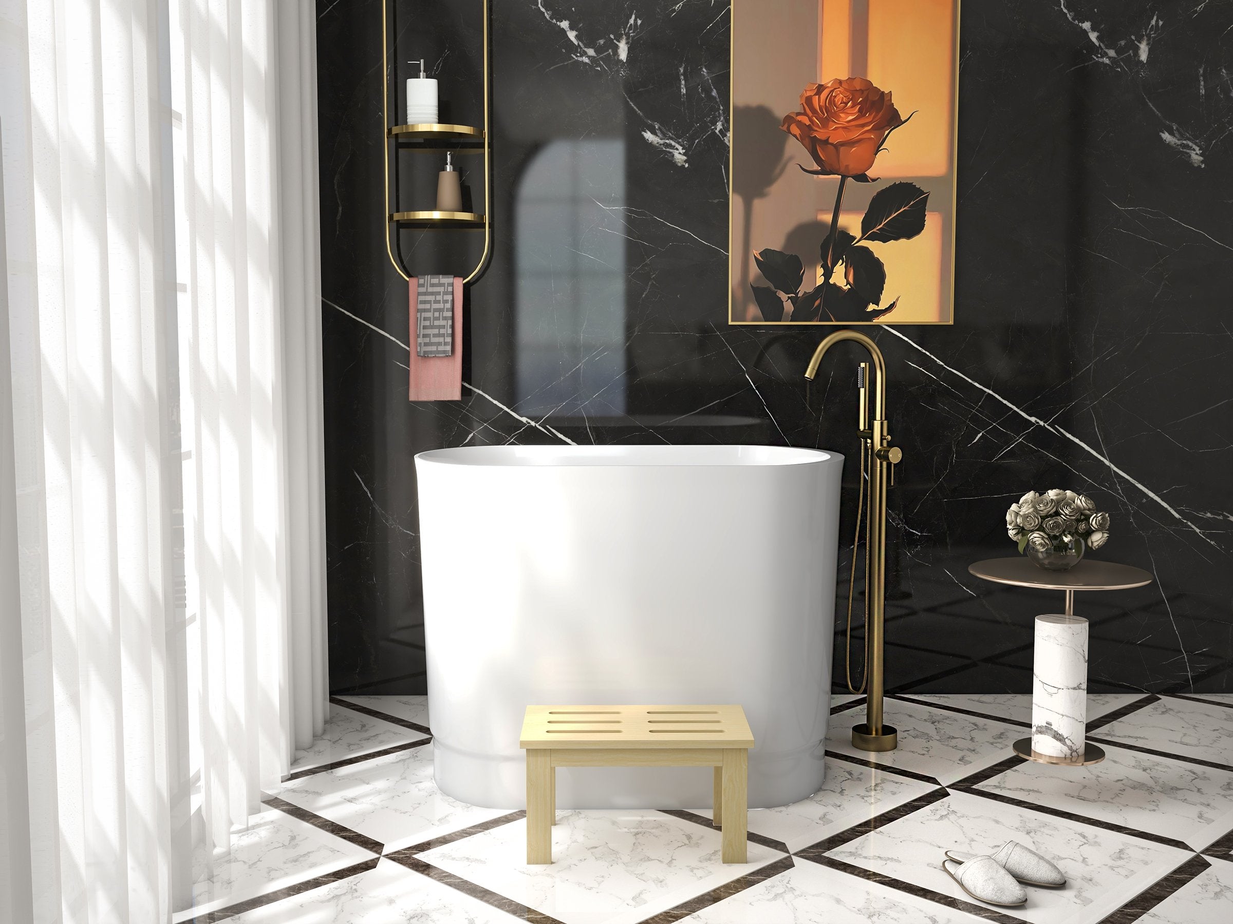 HMR - 40" Japanese Modern Deep Oval Freestanding Stone Resin Soaking Bathtub