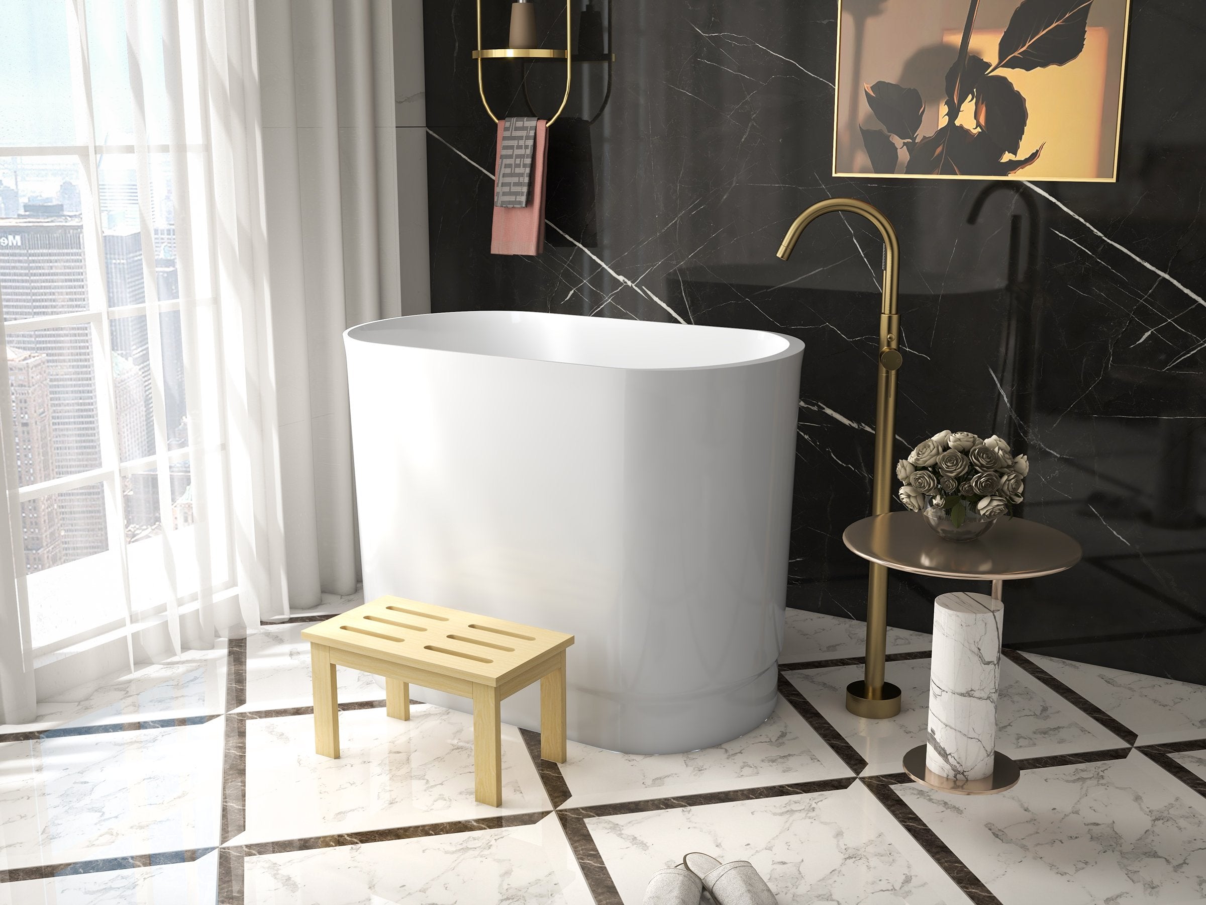 HMR - 40" Japanese Modern Deep Oval Freestanding Stone Resin Soaking Bathtub