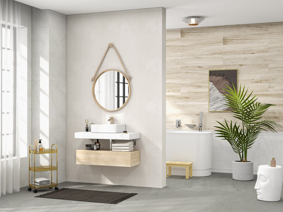 HMR - 40" Japanese Modern Deep Oval Freestanding Stone Resin Soaking Bathtub
