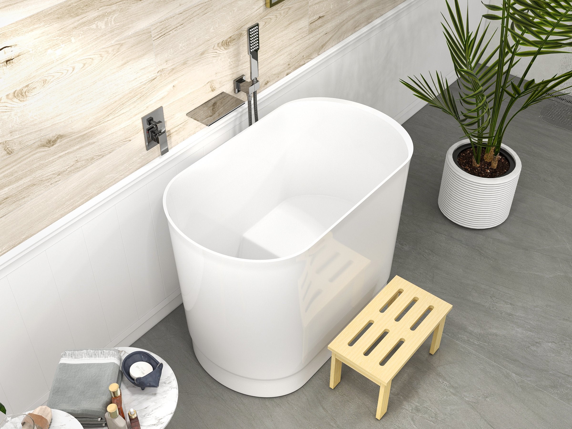 HMR - 40" Japanese Modern Deep Oval Freestanding Stone Resin Soaking Bathtub