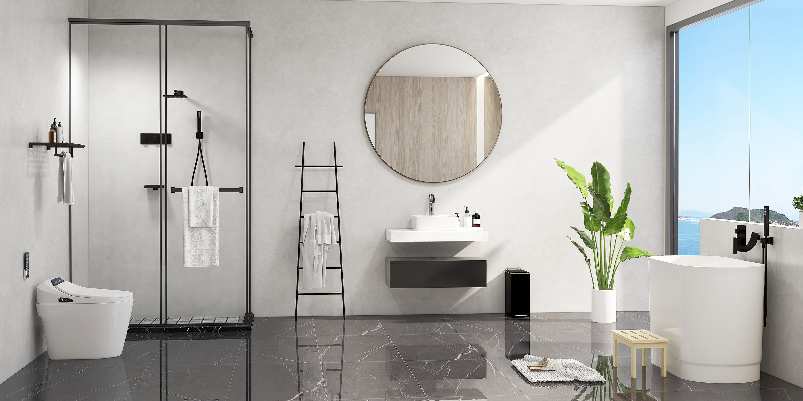 HMR - 40" Japanese Modern Deep Oval Freestanding Stone Resin Soaking Bathtub