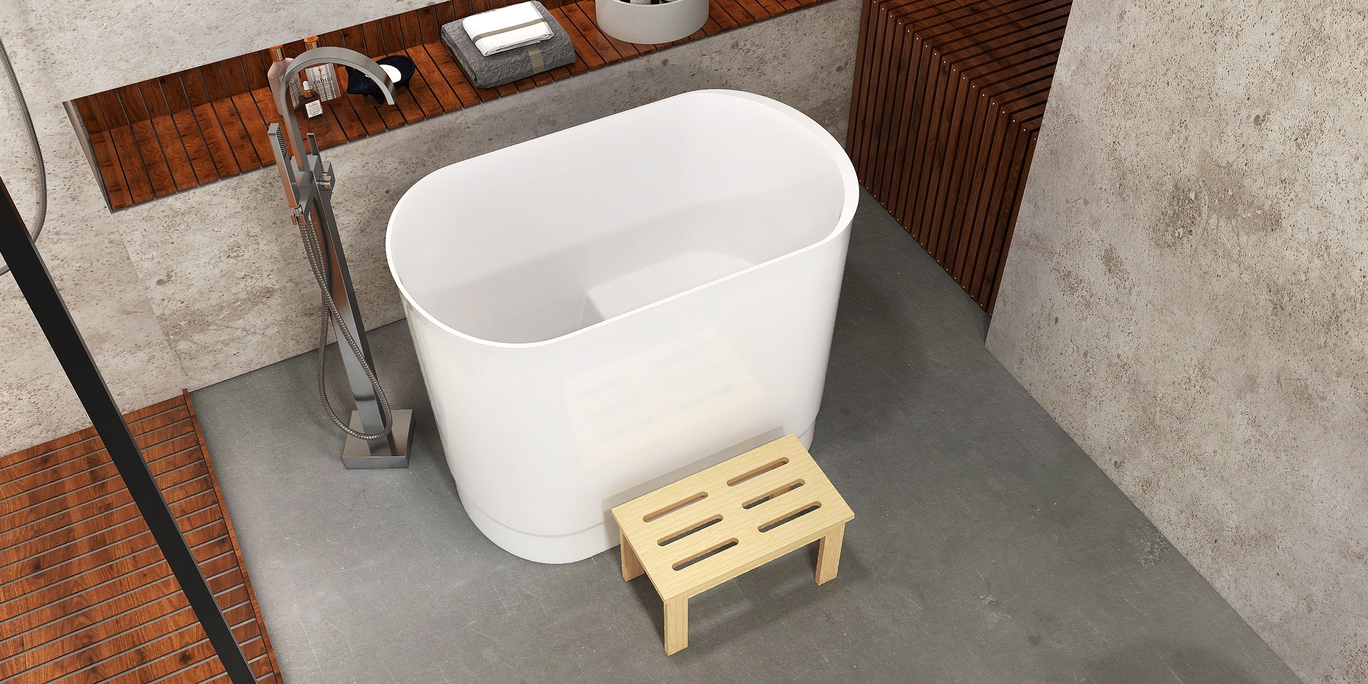 HMR - 40" Japanese Modern Deep Oval Freestanding Stone Resin Soaking Bathtub