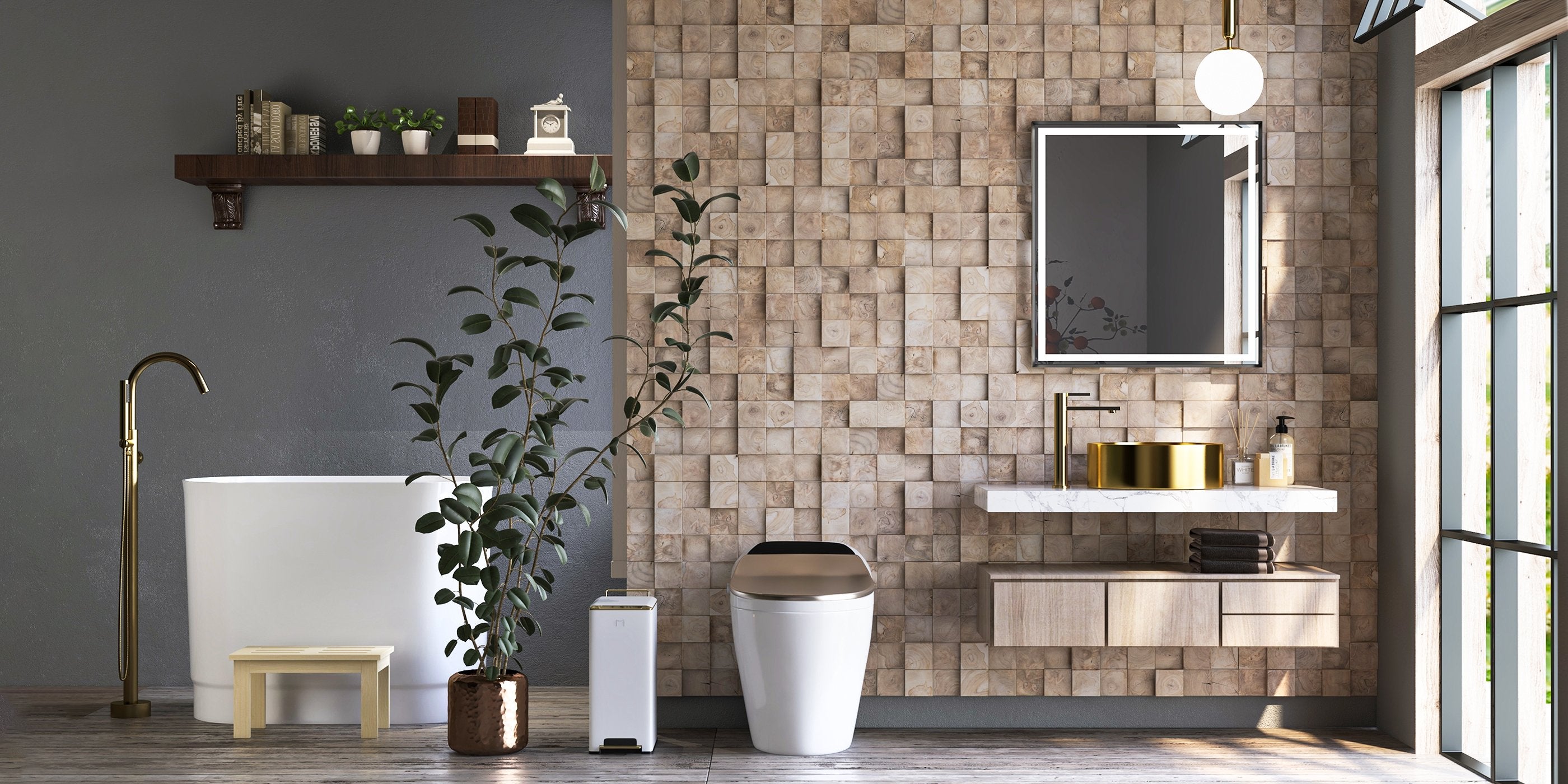 HMR - 40" Japanese Modern Deep Oval Freestanding Stone Resin Soaking Bathtub
