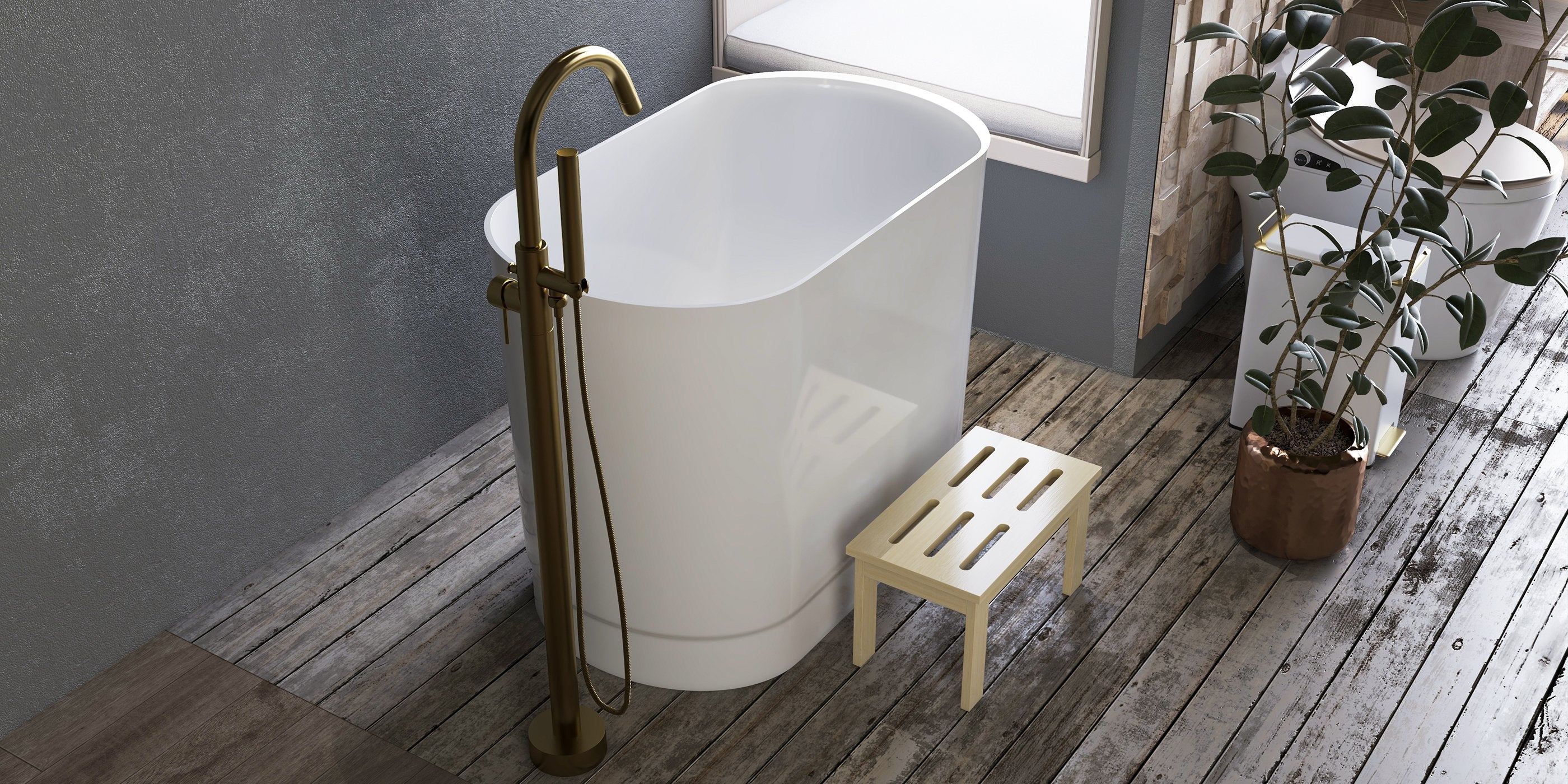 HMR - 40" Japanese Modern Deep Oval Freestanding Stone Resin Soaking Bathtub