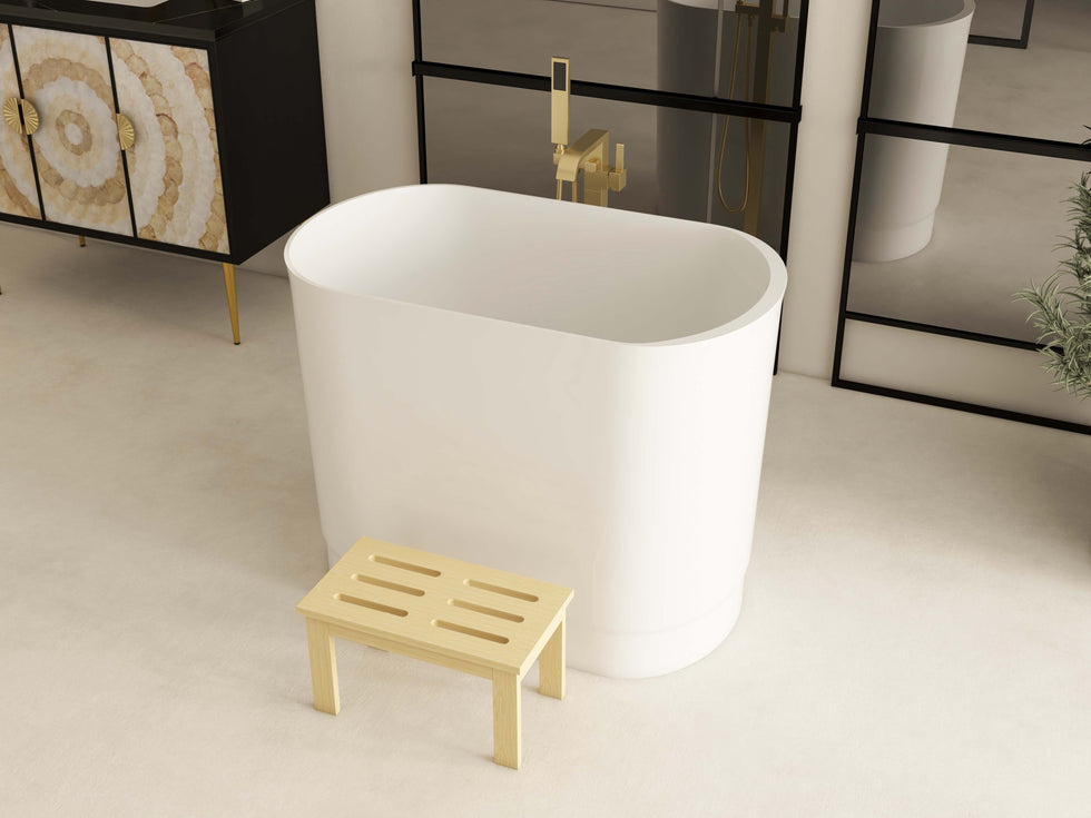 HMR - 40" Japanese Modern Deep Oval Freestanding Stone Resin Soaking Bathtub