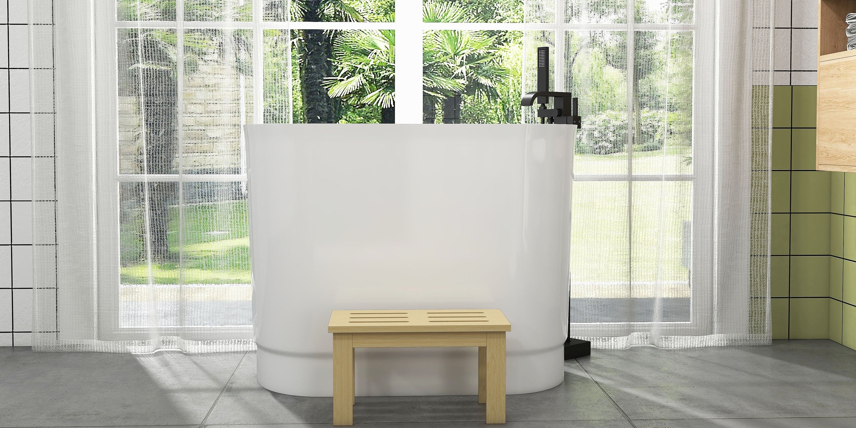 HMR - 40" Japanese Modern Deep Oval Freestanding Stone Resin Soaking Bathtub