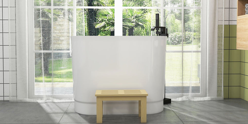 HMR - 40" Japanese Modern Deep Oval Freestanding Stone Resin Soaking Bathtub