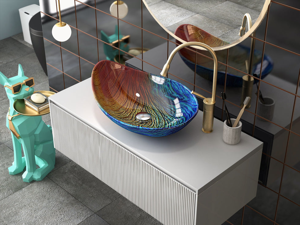 HMR - Multicolor Teardrop-Shaped Bathroom Vessel Sink in Tempered Glass
