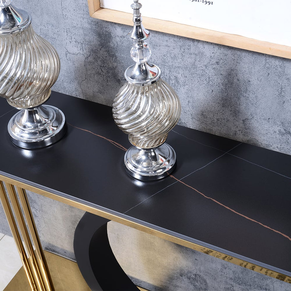 HMR - 55" Post Modern Black Geometry Console Table Sintered Stone Top Stainless Steel Frame