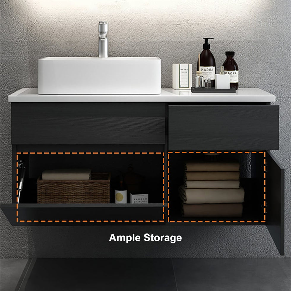 HMR - Modern Floating Bathroom Vanity Set with Faux Marble Top & Double Ceramic with Vessel Sink