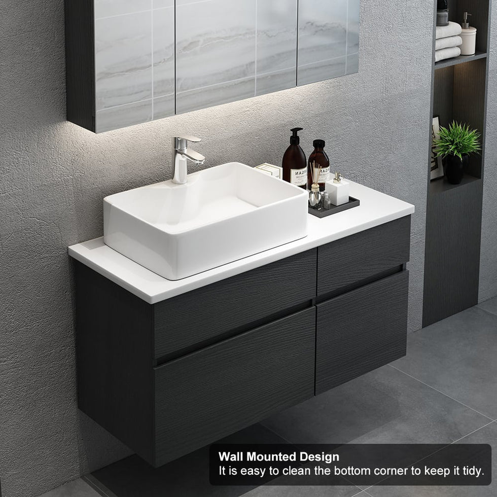 HMR - Modern Floating Bathroom Vanity Set with Faux Marble Top & Double Ceramic with Vessel Sink